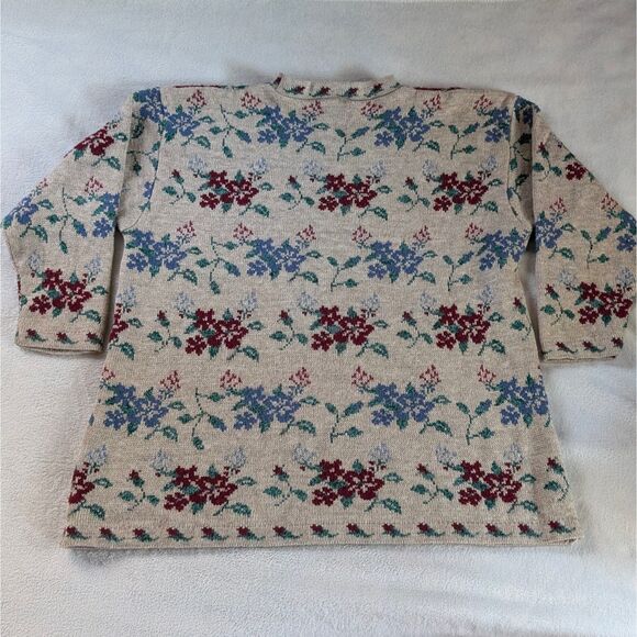 Vintage Floral Knit Mock Neck Sweater Women's 2XL Beige Patterned 80s - Picture 3 of 6